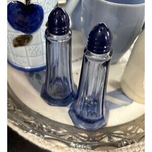 (2) Blue Glass Art Deco MCM Salt & Pepper Shakers Blue Metal Caps 4oz